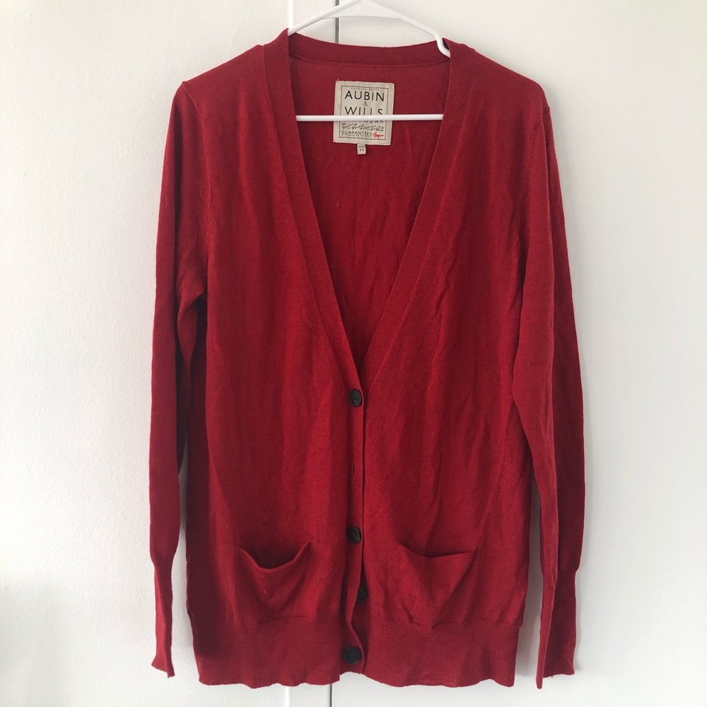 Aubin&Wills Red 100% Merino Wool Fine Knit Cardigan